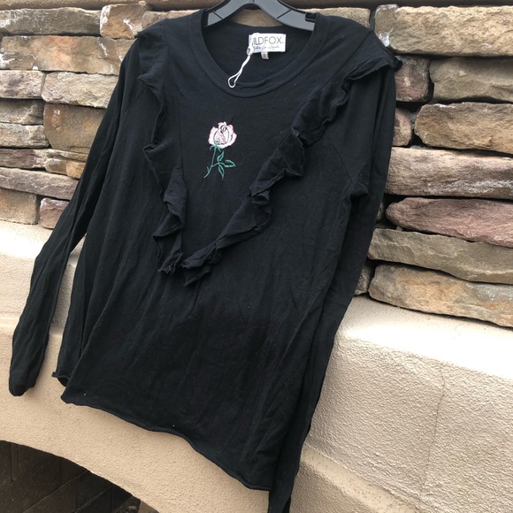 Wild fox women black ruffle T-shirt Size Small - Picture 4 of 16